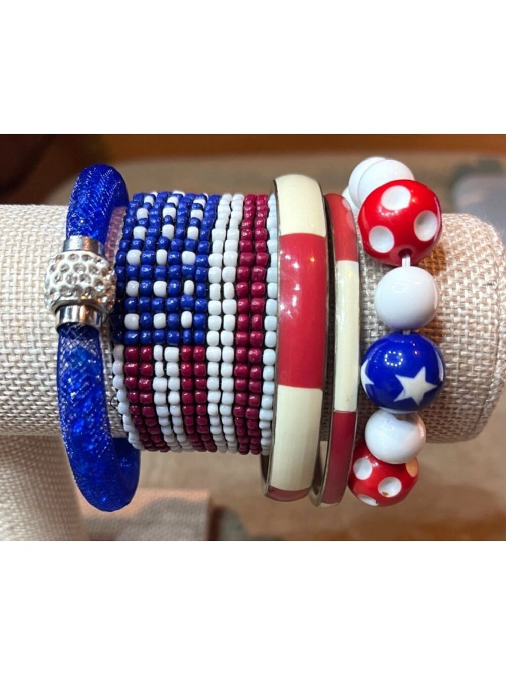 Vintage Patriotic Red White Blue Bracelet Stack Stretch Bangle Beaded